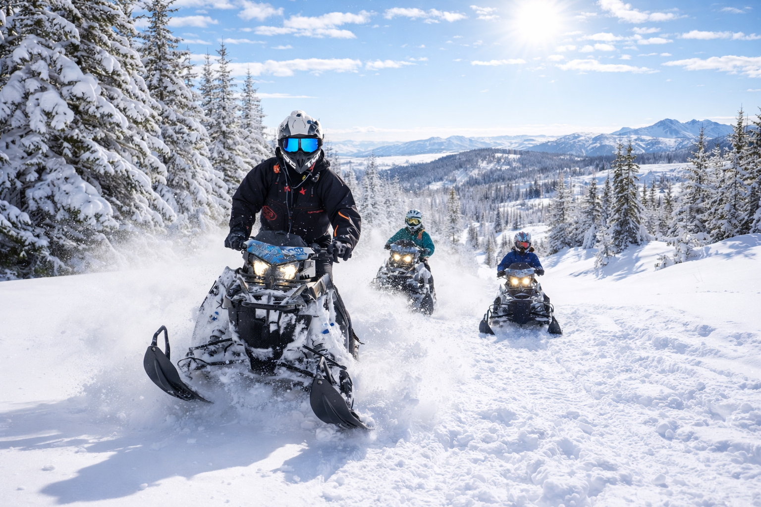 Three people riding snowmobiles on a snowy hill with trees and mountains in the background.