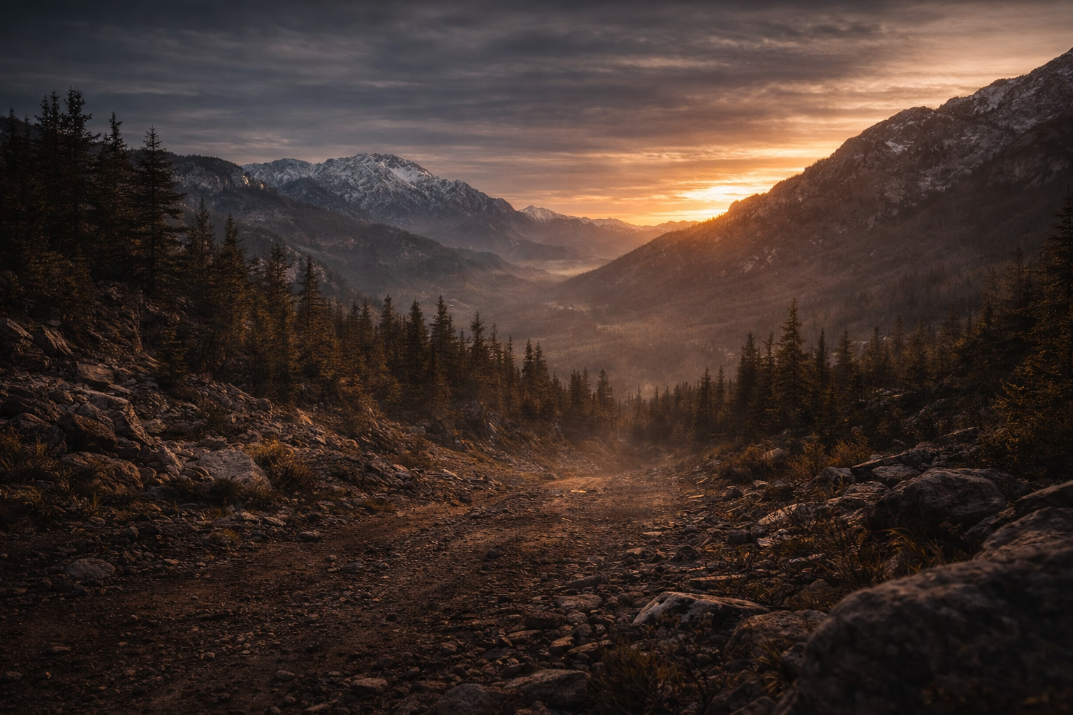 Mountain valley with rocky path, trees, and a dramatic sunset sky