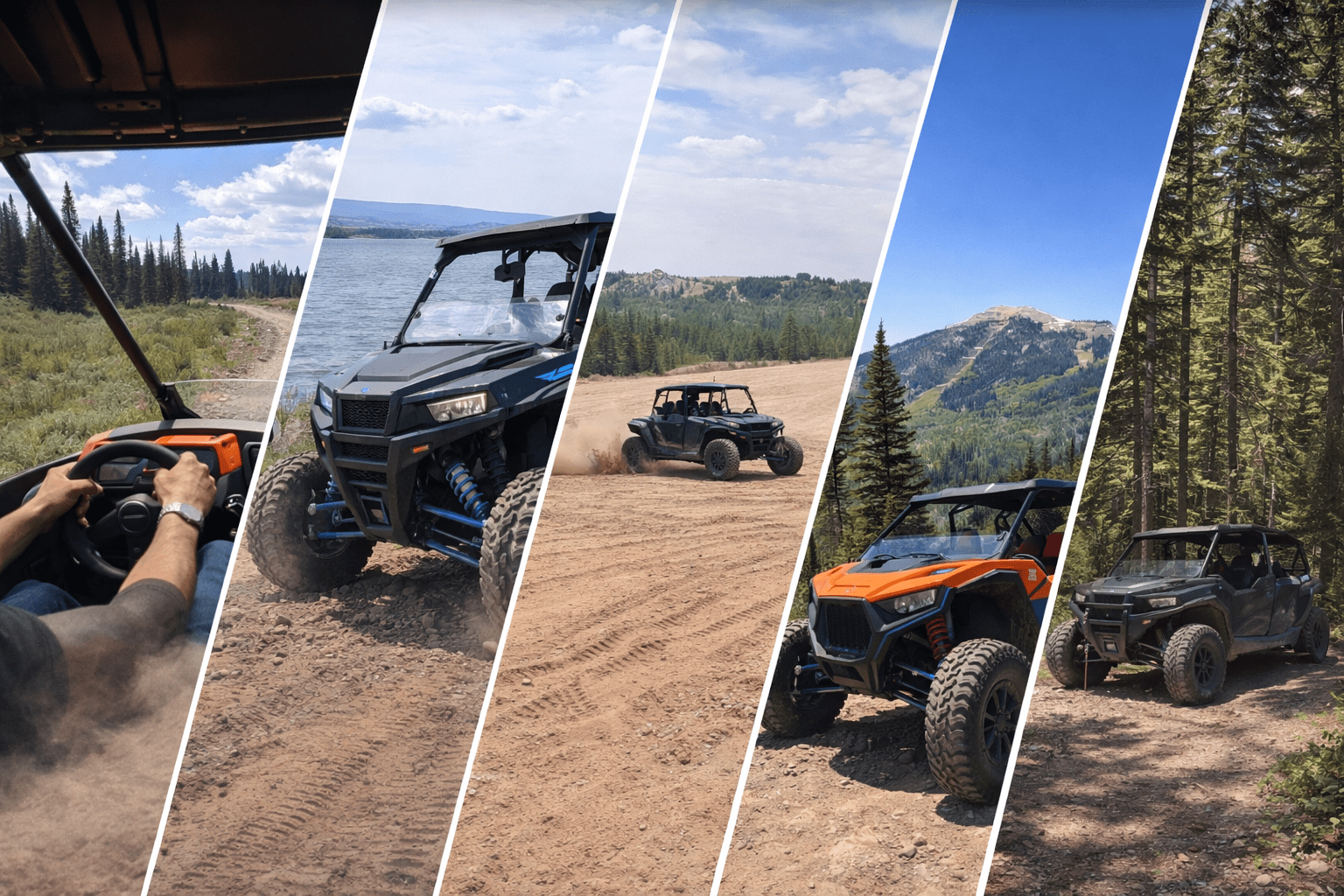 Collage of off-road vehicles in forest and desert landscapes, including a mountain view and driver close-up.