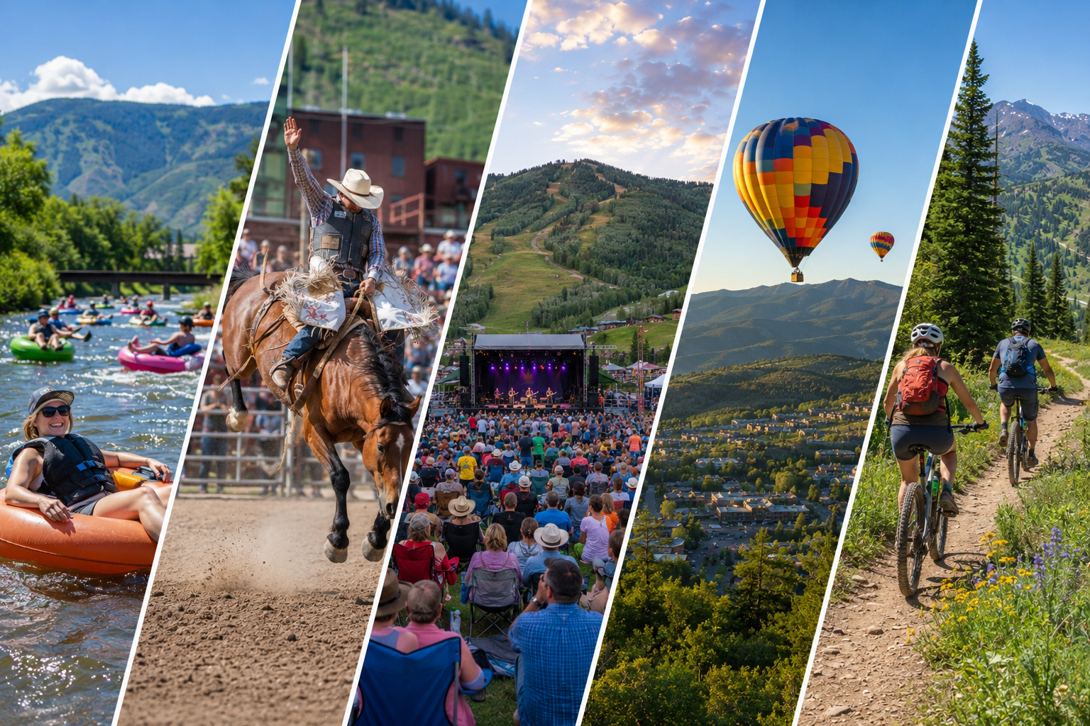 Collage: river tubing, rodeo, concert, hot air balloon, mountain biking.