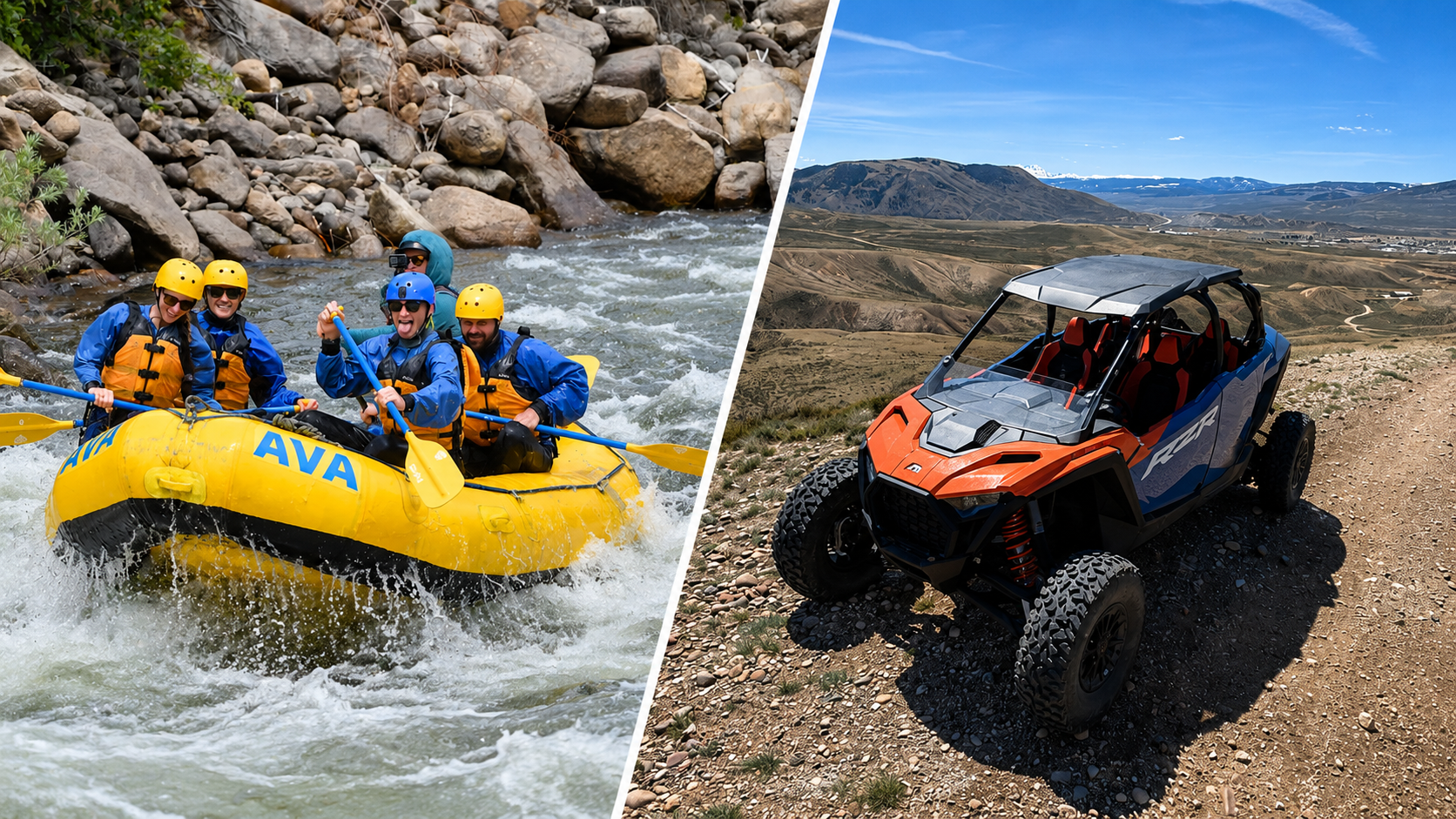 Split image: group rafting on a river, all-terrain vehicle on a rocky trail.