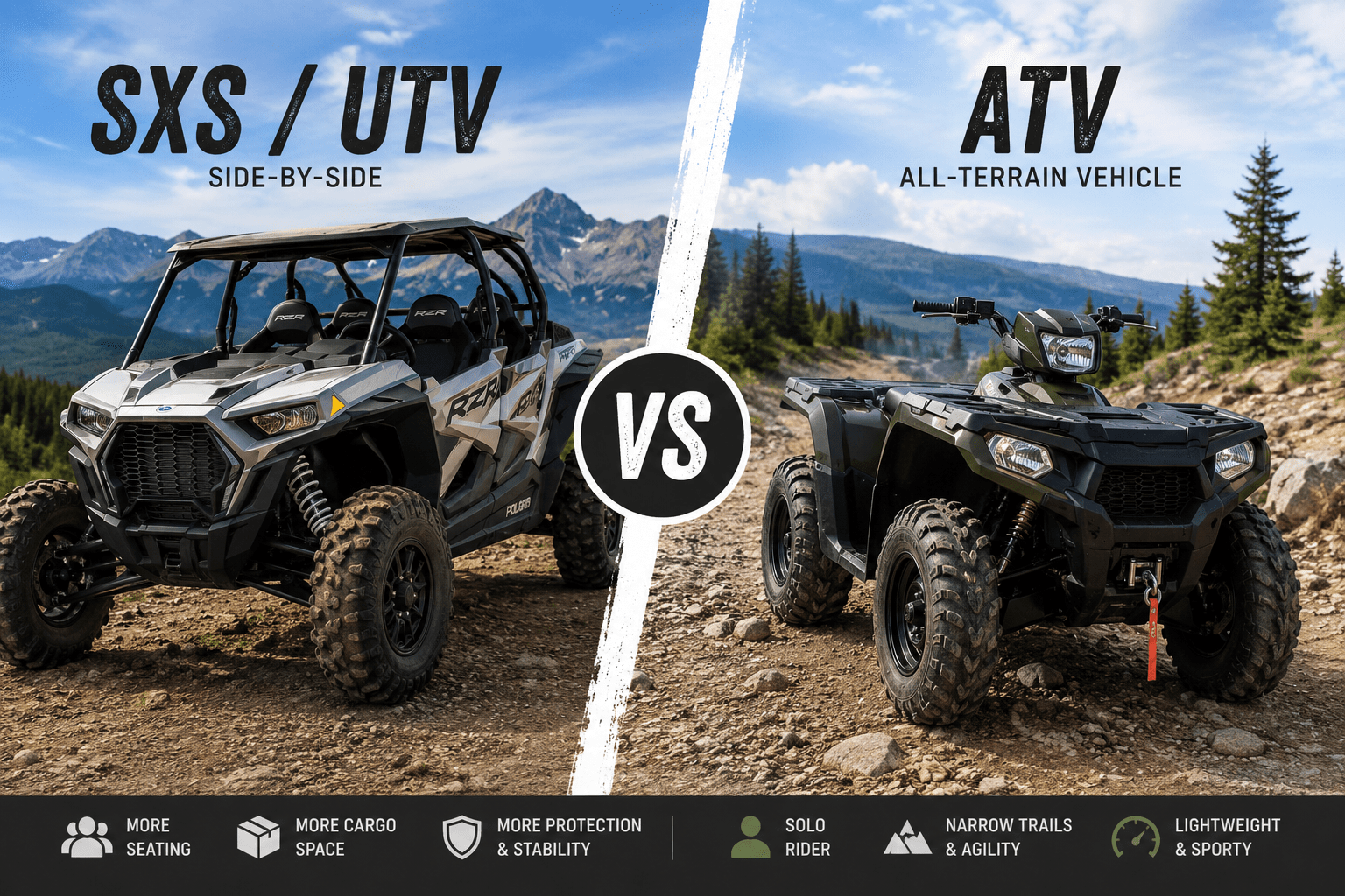 Comparison of SXS/UTV and ATV on a rocky trail with mountains in the background.